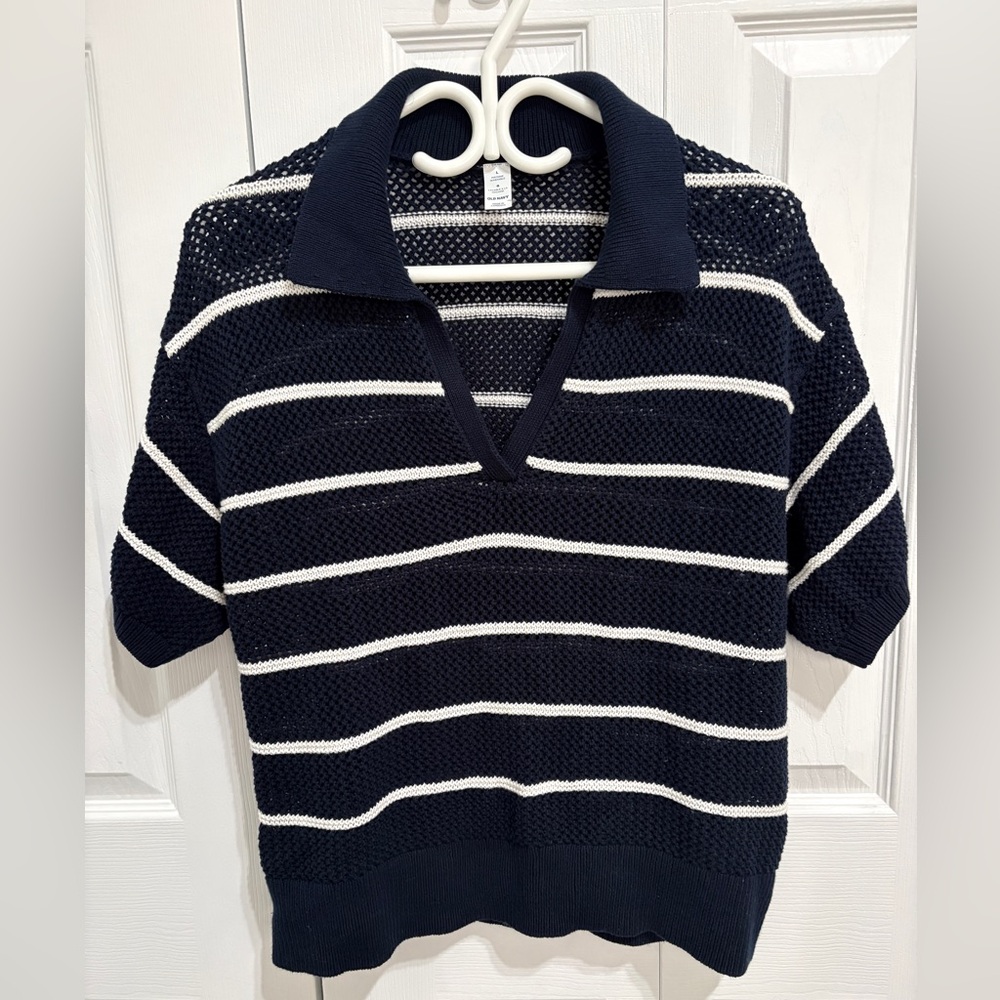 Navy and White Striped Knit Polo Shirt -Old Navy